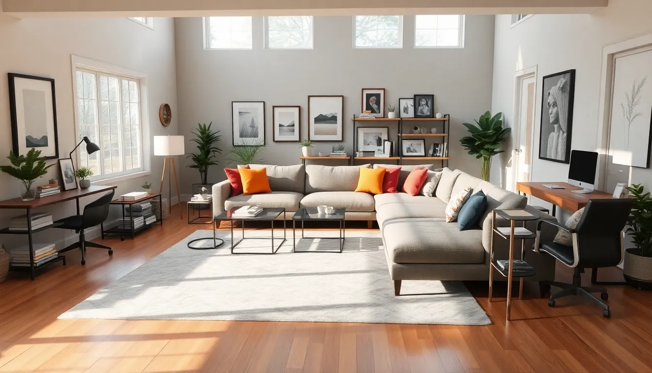 A stylish den featuring a cozy sectional sofa and a modern workspace.