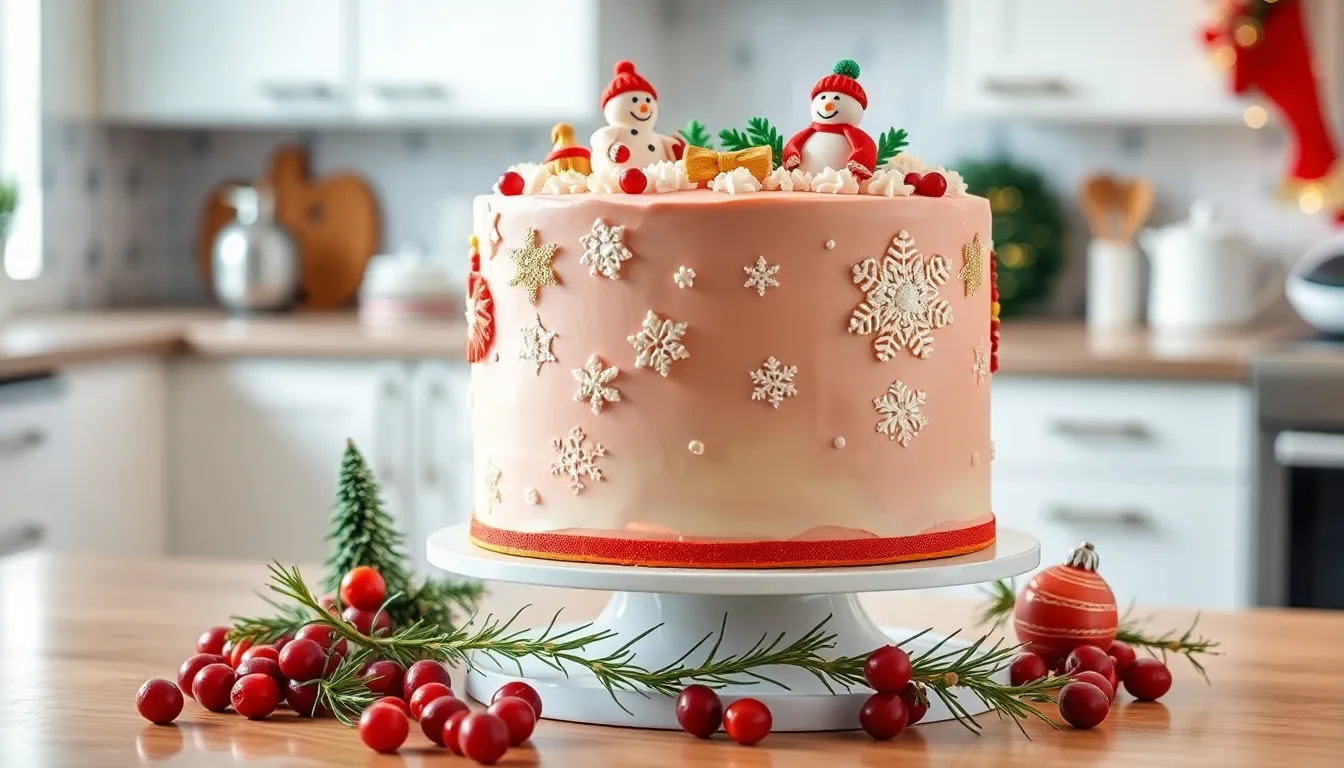A beautifully decorated Christmas cake with fondant and fresh ingredients.