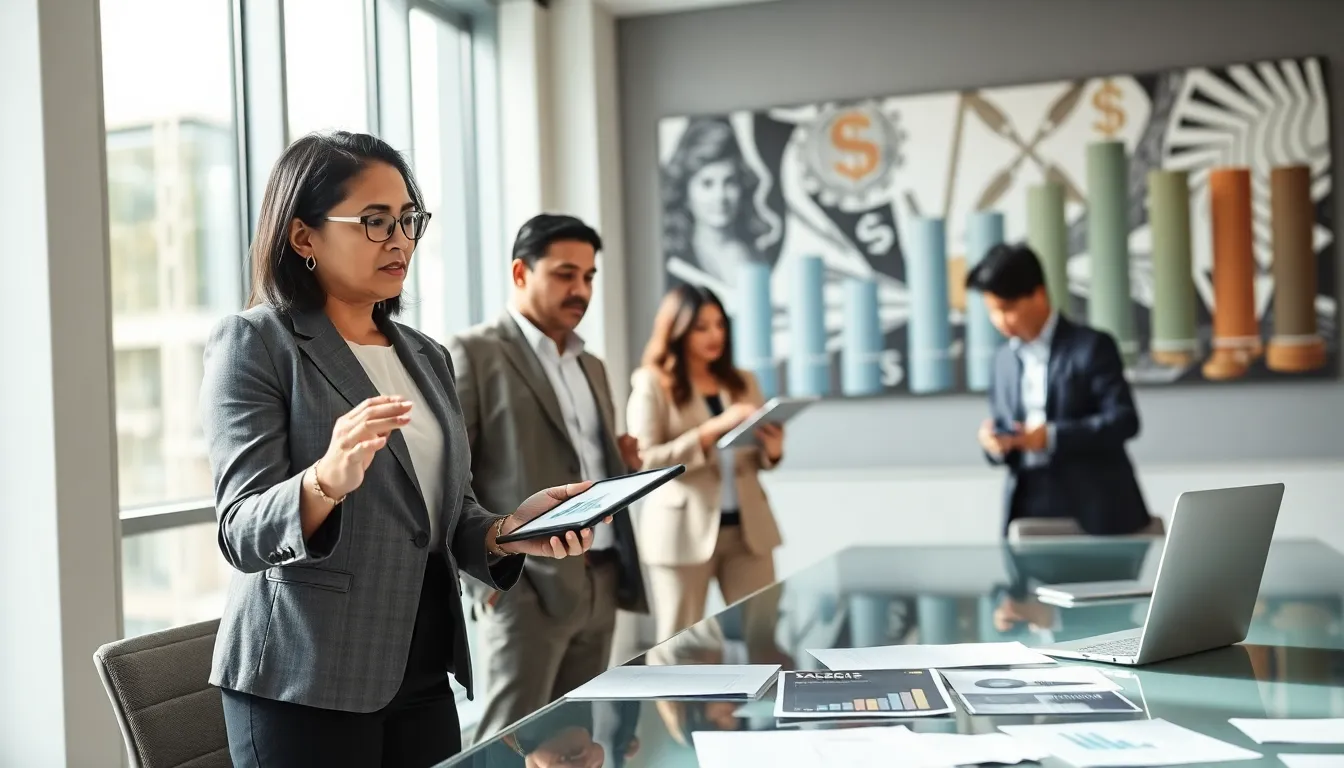 diverse team discussing brokerage accounts and taxes in a modern office.