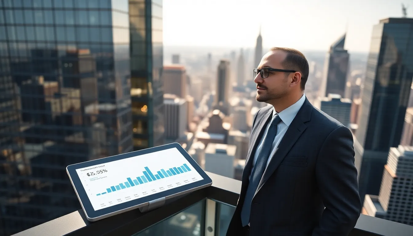 commercial real estate agent on a skyscraper rooftop overlooking the city.