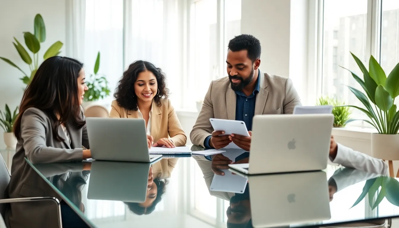 team collaborating in a modern office on real estate tasks.