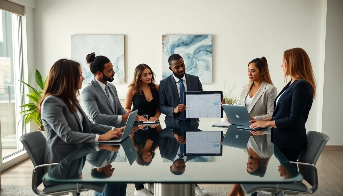 diverse finance team reviewing a brokerage statement in a modern office.