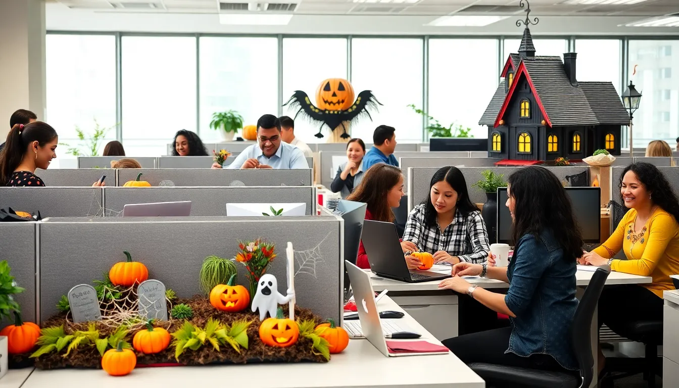 employees decorating cubicles for a Halloween contest in a modern office.
