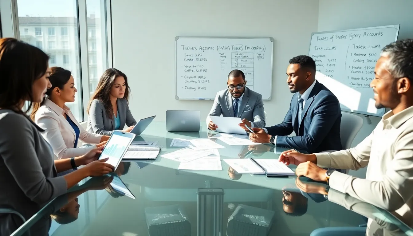 financial professionals discussing brokerage account taxes in a modern office.