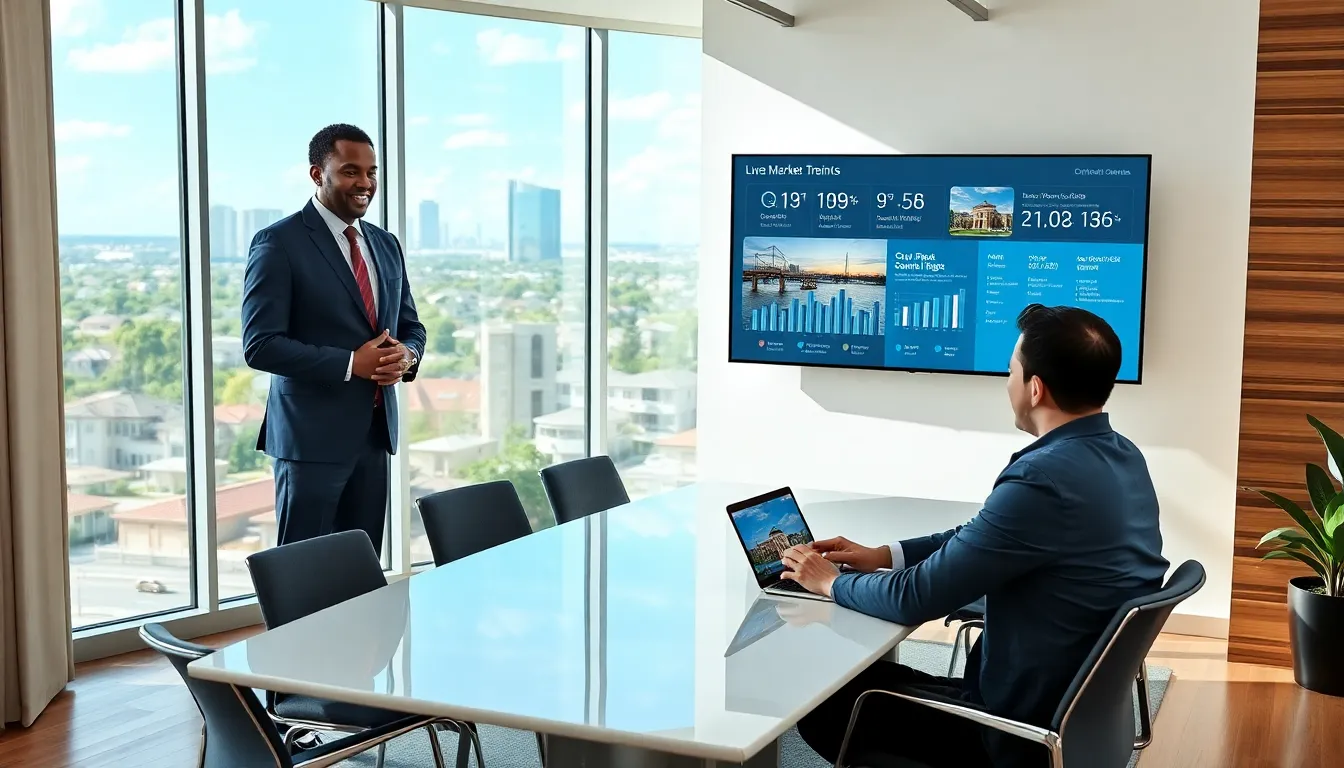 real estate agent meeting clients in a modern office setting.