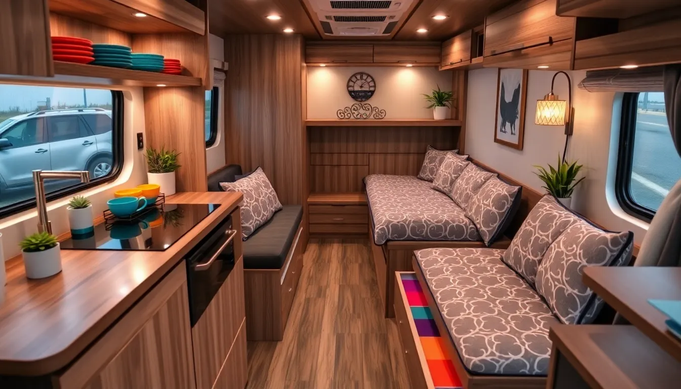 stylishly decorated small RV interior with multifunctional furniture.