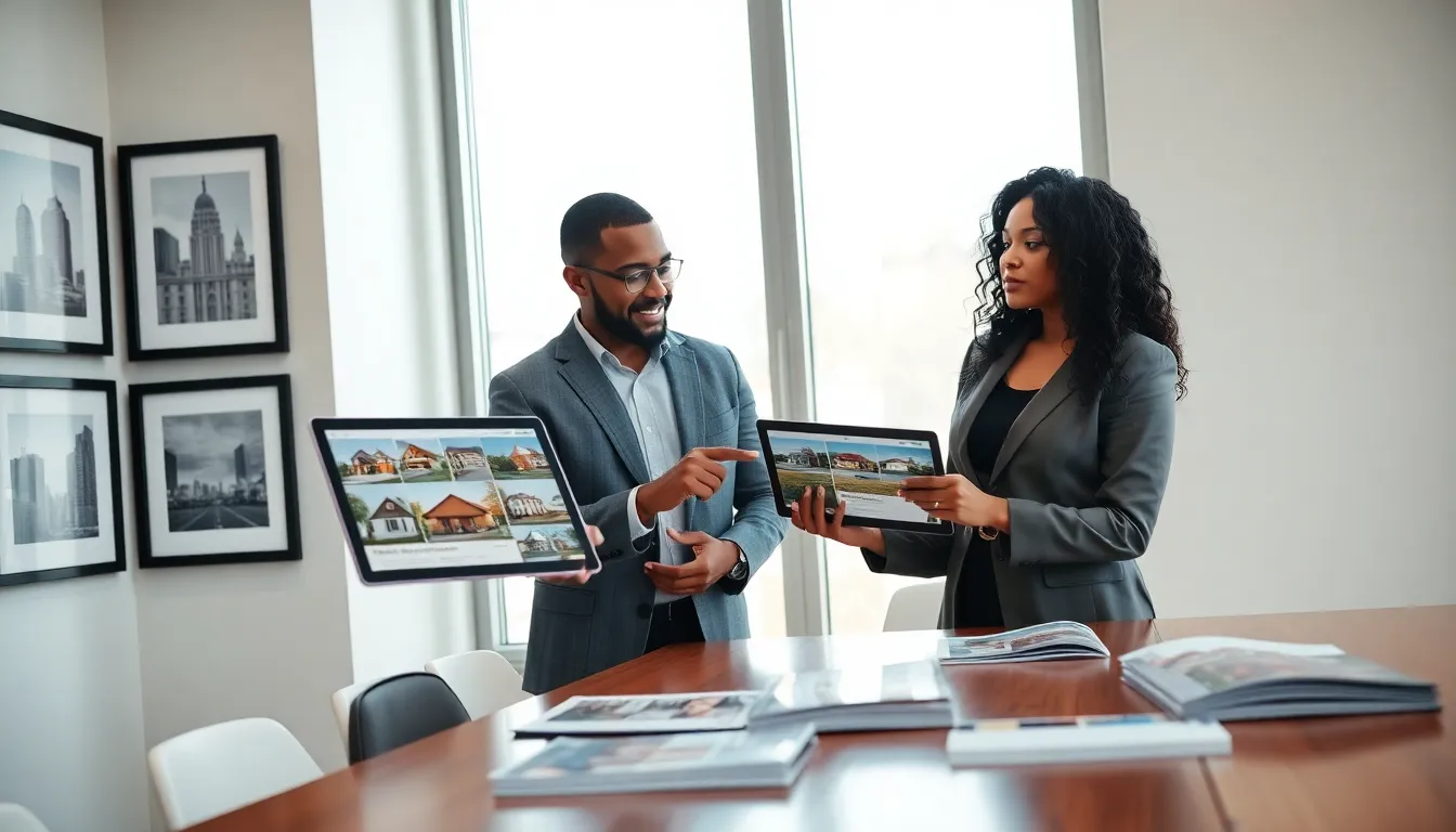 real estate agent assisting clients in a modern Atlanta office.