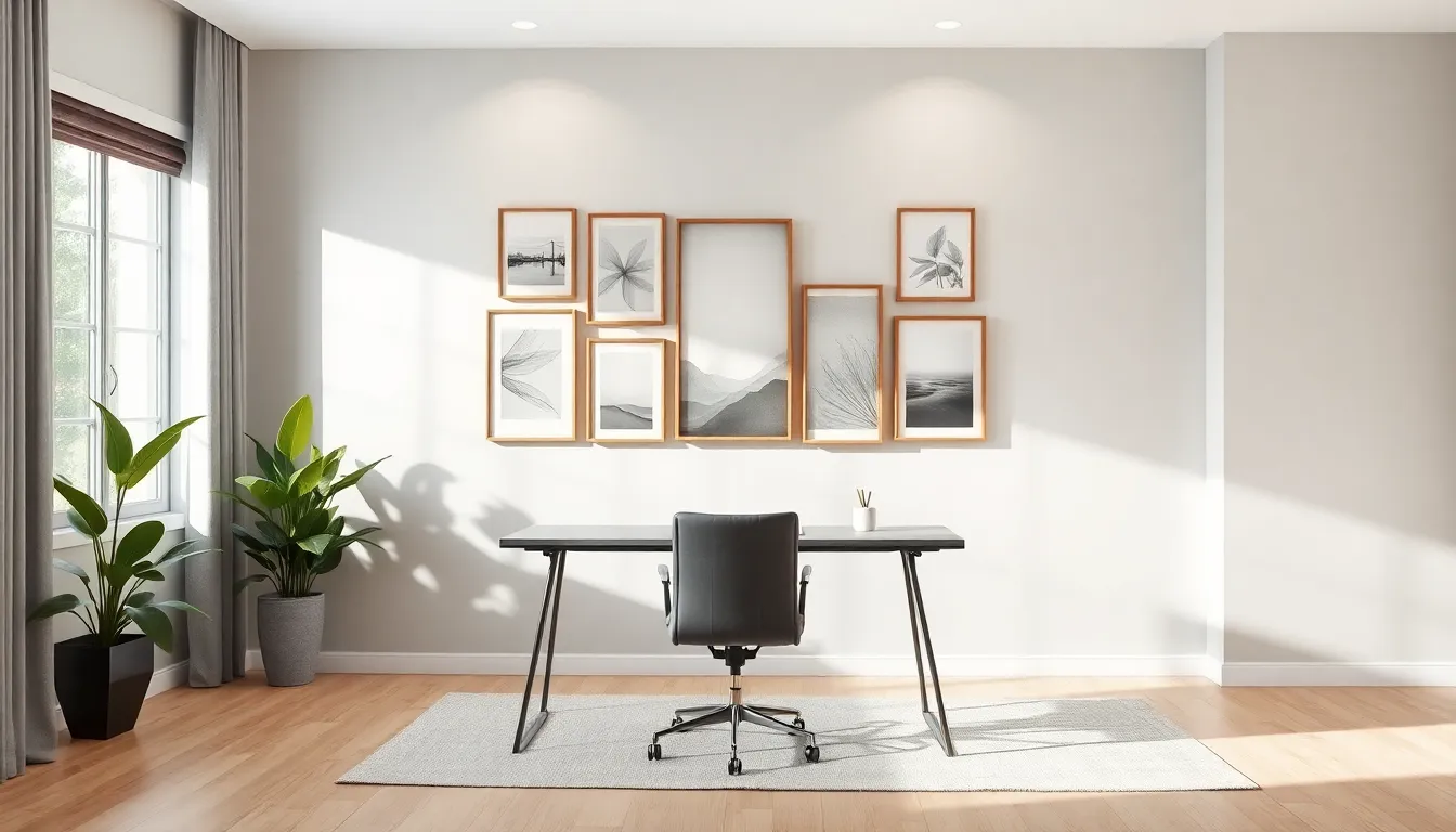 elegantly decorated wall in a modern home office.