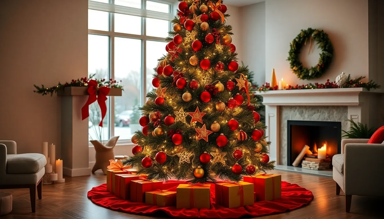 elegantly decorated red-themed Christmas tree in a modern living room.